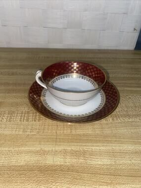 Antique Haviland Limoges Gold Floral Scrollwork & Red Tea Cup & Saucer France